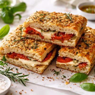 Image of Herbed Focaccia Stuffed with Tomato and Provolone Cheese