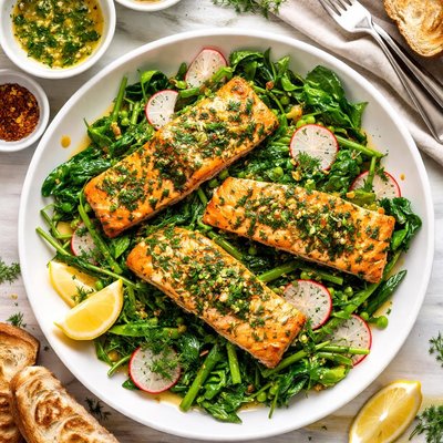 Image of Herbed Pan Roast of Salmon with Warm Greens and Herb Vinaigrette
