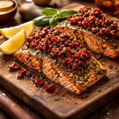 Image of Herbed Salmon Fillets with Sun Dried Tomato Topping