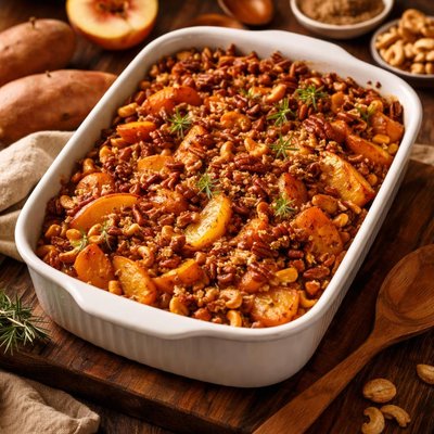 Image of Holiday Sweet Potato Peach and Cashew Bake Casserole