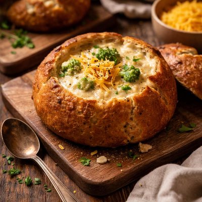 Image of Cuenco de pan casero vegano con sopa cremosa de brócoli y cheddar.