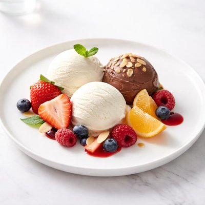 Image of Homemade Ice Milk Vanilla Chocolate Almond Fruit Choices