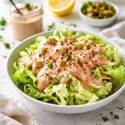 Image of Homemade Thousand Island Dressing Over Iceberg Lettuce