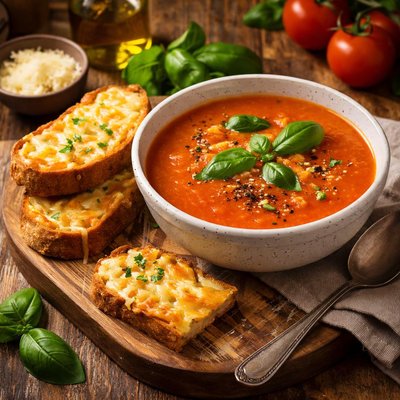 Image of Homemade Tomato Basil Soup with Cheese Toasts