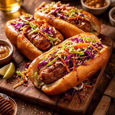 Image of Honey Brats with Sweet and Spicy Slaw
