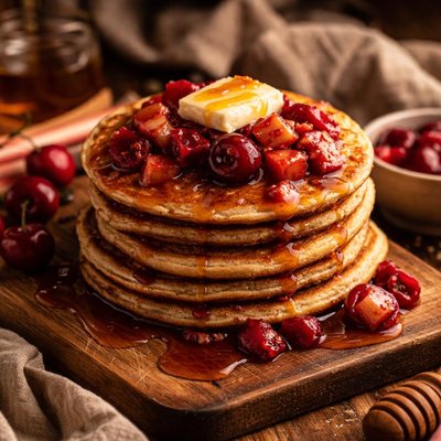 Image of Honey Buttermilk Buckwheat Pancakes W Cherry Rhubarb Sauce