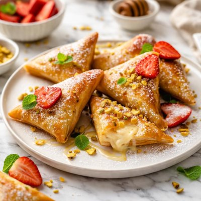 Image of Honey Custard Filled Phyllo Triangles with Strawberries