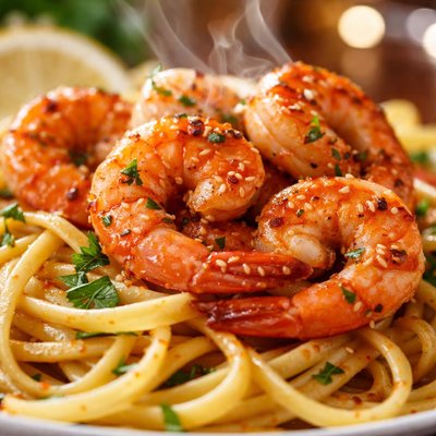 Image of Honey Garlic Shrimp Over Linguine