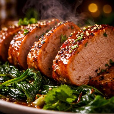 Image of Honey Glazed Pork Tenderloin with Wilted Greens