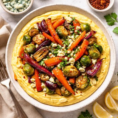 Image of Honey Roast Vegetables on Pepper Polenta with Creamy Blue Cheese