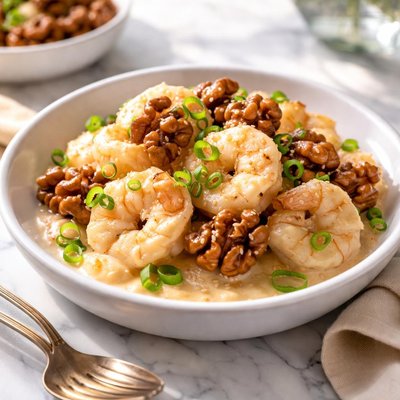 Image of Camarones con miel y nueces bajos en sodio.