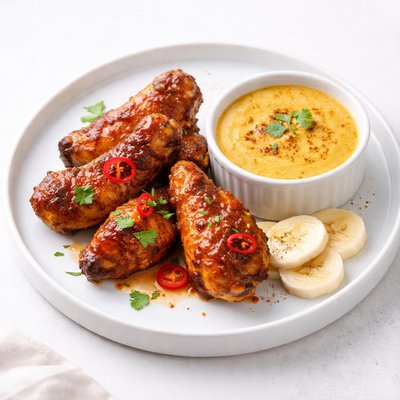 Image of Hot Chicken Wings with Banana and Curry Sauce