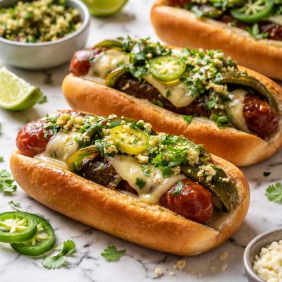 Image of Hot Dogs with Poblanos Pepper Jack and Tomatillo