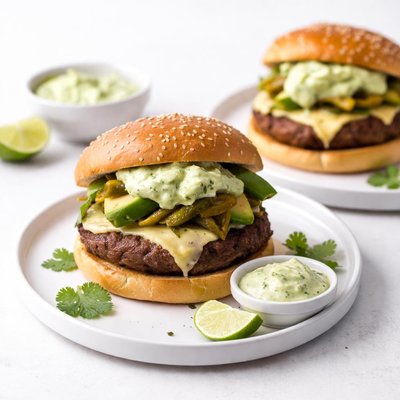 Image of Hot Green Chile Beef Burgers with Cool Green Avocado Cilantro Sa