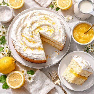 Image of Hot Milk Cake with Lemon Filling and Boiled White Frosting