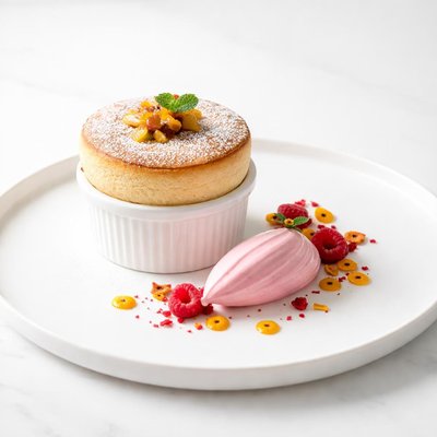 Image of Hot Passionfruit Souffle with Raspberry Cream