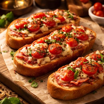 Image of Hot Seasoned French Bread with Ham and Tomatoes