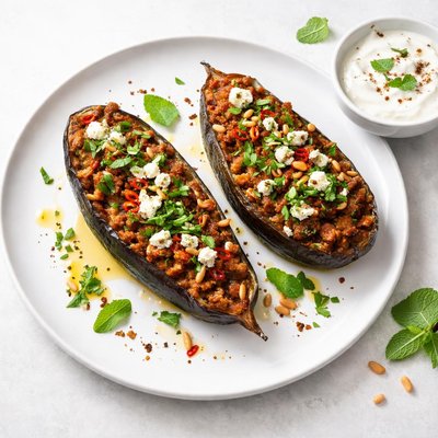 Image of Hot Stuff Cypriot Stuffed Aubergines and Minty Cumin Yoghurt