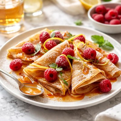 Image of Hot Whiskey Crepes with Raspberries