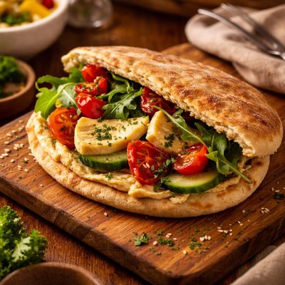 Image of Hummus Artichoke and Tomato Pita Sandwich