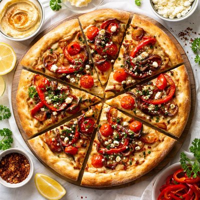 Image of Hummus Pizza with Caramelized Onions and Roasted Red Peppers