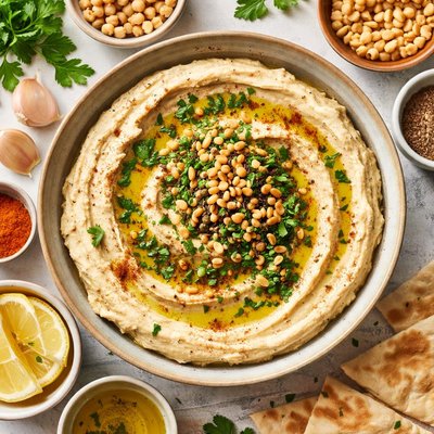 Image of Hummus with Toasted Pine Nuts Cumin Seeds and Parsley Oil