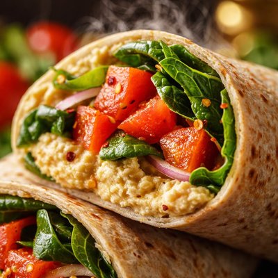 Image of Hummus Wrap with Tomatoes and Spinach