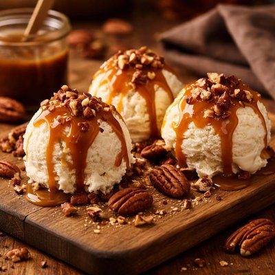 Image of Ice Cream Balls with Pecans and Caramel Sauce