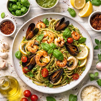 Image of Il Linguine La Salsa Di Pesto Con Frutta Del Mare