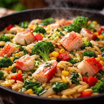 Image of Imitation Crab Orzo and Veggie Skillet