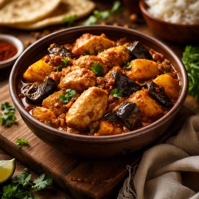 Image of Indian Curry with Potatoes Chicken and Eggplant