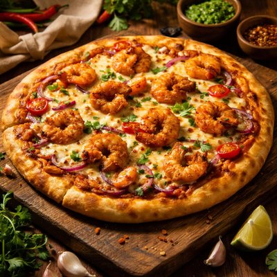 Image of Indian Style Shrimp Pizza with Mozzarella