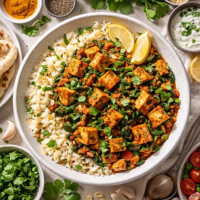 Image of Indian Tofu and Spinach Over Almond Rice