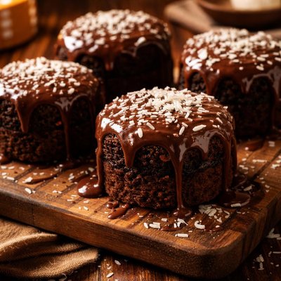 Image of Individual Chocolate Cakes with Chocolate Coconut Glaze