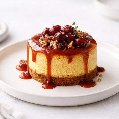 Image of Individual Pumpkin Cheesecakes with Cranberry Caramel Sauce
