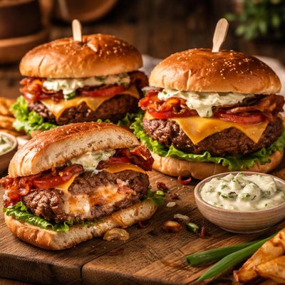 Image of Inside Out Bacon Cheeseburgers with Grilled Green Onion Mayo