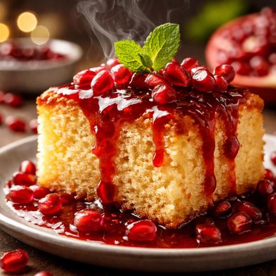 Image of Iraqi Vanilla Cake with Pomegranate Sauce