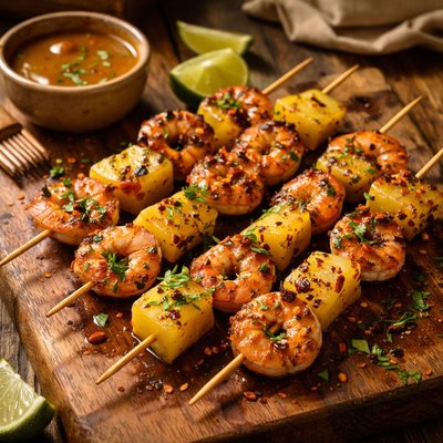 Image of Island Shrimp and Pineapple Skewers with Rum Butter Sauce