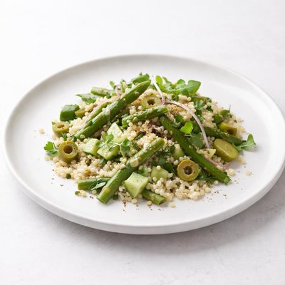 Image of Israeli Couscous Salad with Asparagus Cucumber and Olives
