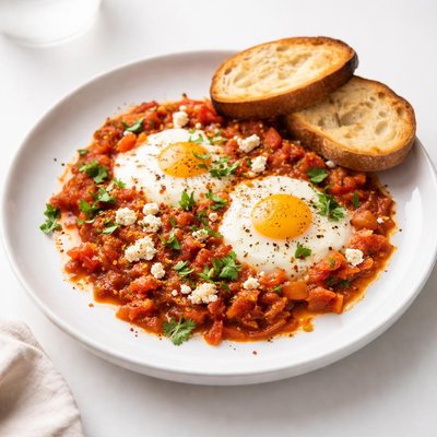 Image of Israeli Shakshuka Skillet Poached Eggs with Salsa