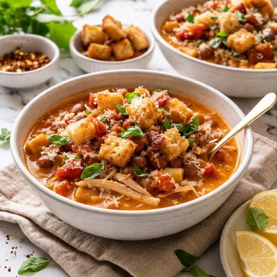 Image of Italian Chicken Chili with Pancetta Crouton Toppers