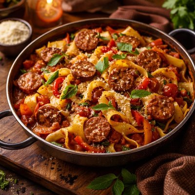 Image of Italian Drunken Noodles with Spicy Italian Sausage