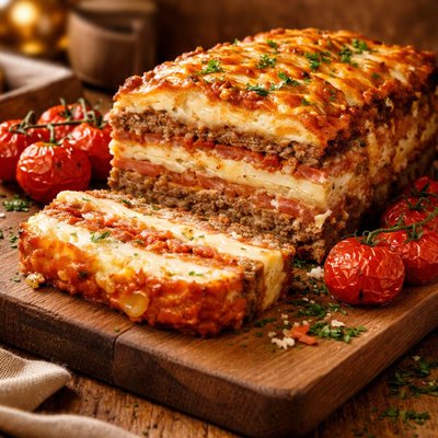 Image of Italian Layered Meat and Potato Loaf with Roasted Tomatoes