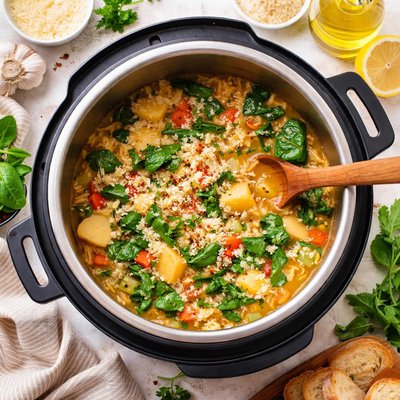 Image of Italian Potato Rice Spinach Soup in Pressure Cooker