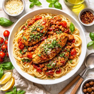 Image of Italian Sauced Chicken Over Pasta