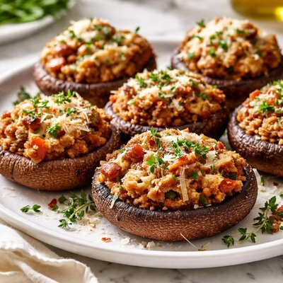 Image of Italian Sausage Stuffed Portabella Mushrooms with Herb Parmesan