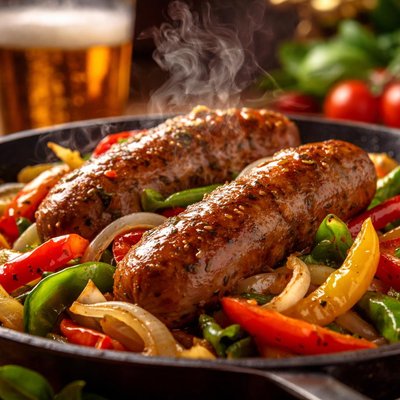 Image of Italian Sausage with Peppers Onions and Beer
