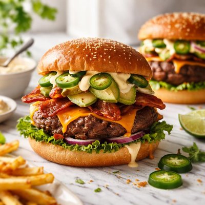 Image of Jalapeno Avocado and Bacon Burgers