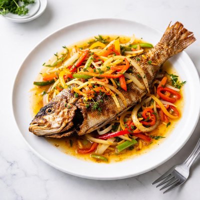 Image of Jamaican Escovitch Fish Served W Spicy Marinade and Vegetables