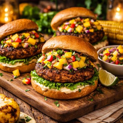Image of Jamaican Jerk Turkey Burgers with Tropical Fruit Salsa